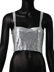 Detail view of silver metallic sequin mesh crop top with shiny chainmail texture
