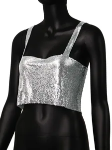 Close-up detail of a silver sequin metal mesh camisole top on a black mannequin