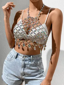 Top Halter con Ciondoli di Cristallo Cangiante Sexy Traforato Rete Body Chain Top da Discoteca Rave Party per Donna