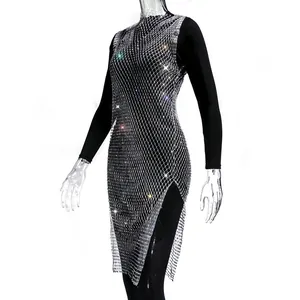 Detailed macro view of the sparkling silver mesh rhinestone round neck dress fabric