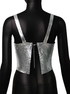 Detailed back view of a sexy silver sequined metal camisole with adjustable chain