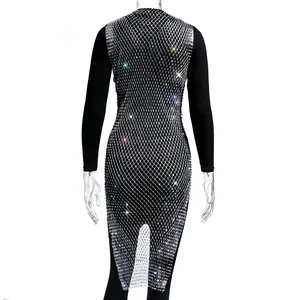 Sexy back view of black bodycon dress with sparkly silver rhinestone mesh overlay.