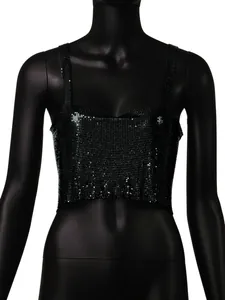 Close-up view of a black sequin metal camisole crop top displayed on a mannequin