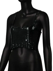 Sexy black sequin metallic mesh crop top camisole shown on a black mannequin torso