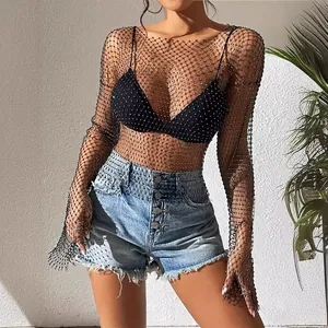 Haut sexy à manches longues en résille noire avec strass brillants pour les soirées d'été