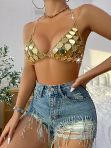 Sexy gold heart-shaped acrylic chain bralette top for women's summer clubwear party
