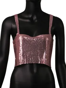 Detail view of pink metallic mesh crop top showing shimmering sequin texture