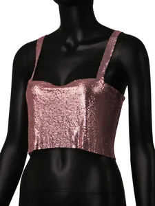Detailed view of pink metallic sequin chainmail crop top with straps on black mannequin
