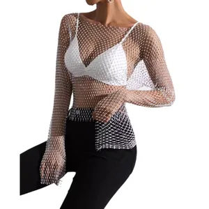 Haut élégant en maille argentée avec strass pour femme, design résille scintillant à manches