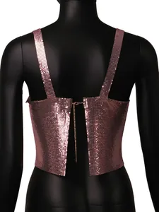 Back detail of rose gold metallic sequin crop top with chain closure