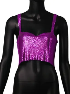 Close-up view of purple sequin metallic mesh crop top with shimmering scale texture