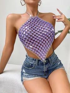 Sexy top halter con strass viola e rifiniture a catena argento per serate estive