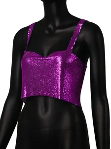 Detailed macro view of a vibrant purple metal chainmail sequin crop top camisole for women.