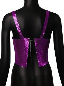 Close-up of purple metal mesh sequin top back with adjustable chain clasp