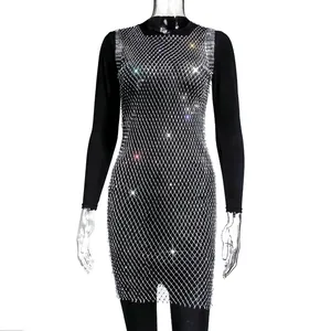 Detailed macro shot of sparkly rhinestone mesh dress for sexy nightclub parties