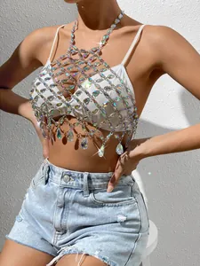 Top sexy a catena con cristalli iridescenti e pendenti a goccia per abbigliamento club