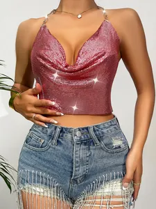 Close-up detail of sexy pink metal sequin mesh halter top with shimmering finish