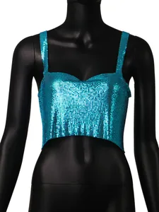 Detailed view of blue metallic sequin camisole crop top on black mannequin