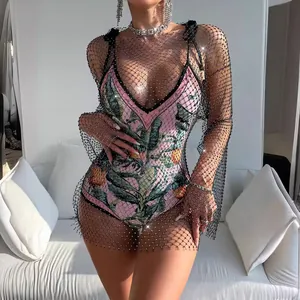 Women's Elegant Mesh Long Sleeve Rhinestone Dress Sexy See-Through Hollow Out Midi Dress For Party Night Outwear
