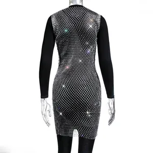 Detailed view of the sparkling silver rhinestone mesh mini dress for sexy nightclub party
