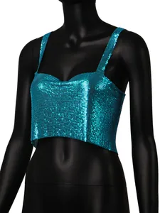 Close-up detail of turquoise sequin metal mesh strap tank top on a black mannequin display