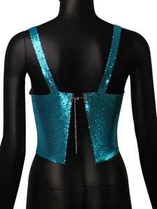 Macro view of blue sequined metal camisole with sexy backless split and chain detail