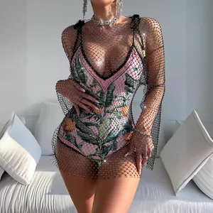 Sexy long sleeve rhinestone mesh cover-up dress with tropical print bodysuit for women