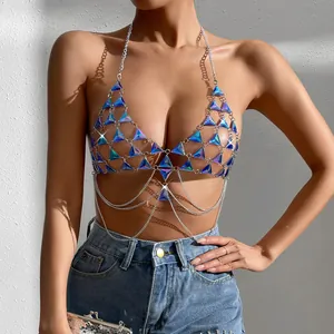 Detailed view of sexy blue triangle gemstone body chain vest for beach and clubwear