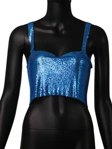 Detailed close-up of shiny blue metal mesh sequin crop top for women sexy party wear