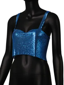 Close-up detail of a vibrant blue metallic sequin camisole crop top for women party wear