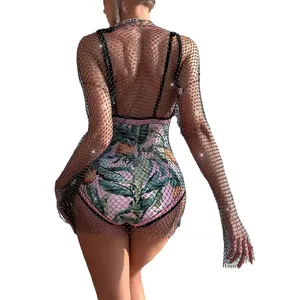 Elegant sexy black long sleeve rhinestone mesh fishnet dress over tropical print bodysuit