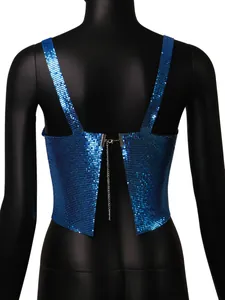 Back view of a blue metallic sequin camisole featuring a sexy slit and chain detail