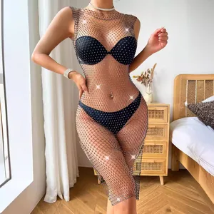 Sleeveless fishnet rhinestone mesh midi dress sparkling beach cover up for summer