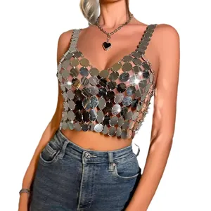 Canotta chic con paillettes argento e catena per donne moda estiva e feste serali
