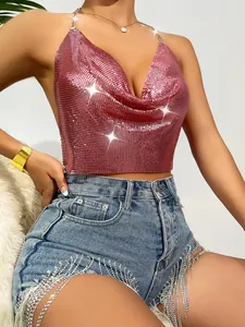 Detailed view of sexy pink metallic sequin halter top with backless cowl neck design