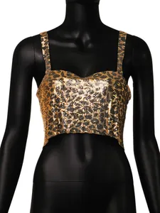 Sexy leopard print sequin crop top for women with metallic shimmer and thin straps.