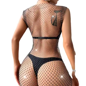 Elegant sexy black mesh rhinestone mini dress with round neck and hollow-out design for summer