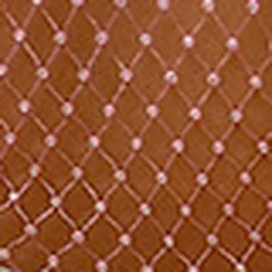Macro detail of brown fishnet mesh fabric with sparkling rhinestone studs and hollow grid