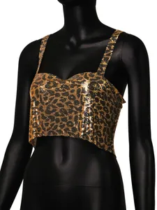 Detailed view of a sexy leopard print gold metal sequin crop top featuring thin straps