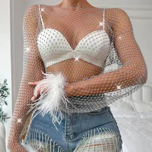 Women's Sexy Rhinestone Fishnet Long Sleeve T-Shirt Feather Cuff Hollow Out Top Mesh Pullover Nightclub Party Clothes