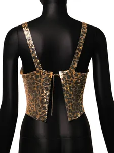 Close-up back view of leopard print metallic mesh sequin crop top with chain closure