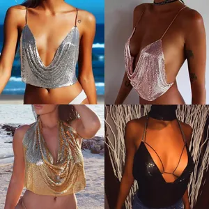 Top a fascia con paillettes metalliche senza schienale in argento, oro rosa e nero