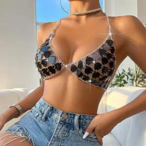 Detailed shot of a sexy black acrylic heart chain-link bra top for summer