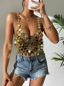 Detailed view of sexy gold acrylic sequin link halter top for nightclub fashion outfits