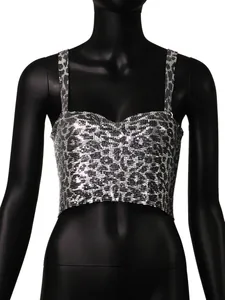Detail of sparkly silver and black sequin crop top with spaghetti straps on mannequin