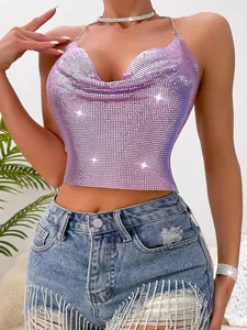 Sexy purple metal sequin halter top with backless Y2K style design for women