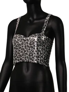 Detail shot of sexy leopard print sequin metallic camisole crop top on mannequin