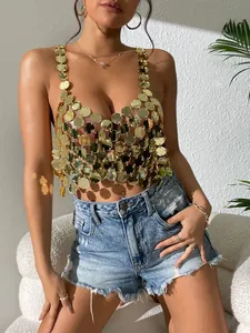 Close-up detail of a sexy gold acrylic disc halter top for nightclub party fashion