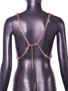 Detailed back view of a rose gold gem chain body jewelry camisole top for women