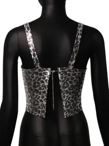 Detailed back view of a metallic leopard print sequin tank top with a chain closure.